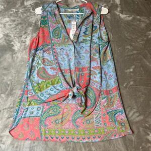 Rose Olive Paisley Print Sleeveless Knot Front Collared Tunic Top L